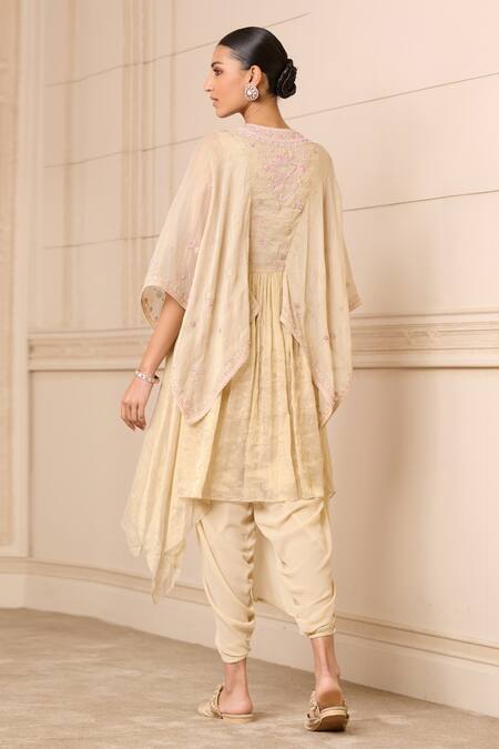 Shop_Tarun Tahiliani_Beige Georgette, Silk Embroidery Split Chikankari Kaftan Tunic And Dhoti Pant Set_at_Aza_Fashions