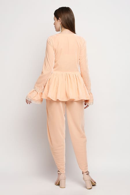 Shop Monk & Mei By Sonia Anand Peach Velvet Lace Round Neck Flared Jacket And Dhoti Pant Set at Aza Fashions Shop_Monk & Mei By Sonia Anand_Peach Velvet Lace Round Neck Flared Jacket And Dhoti Pant Set _at_Aza_Fashions