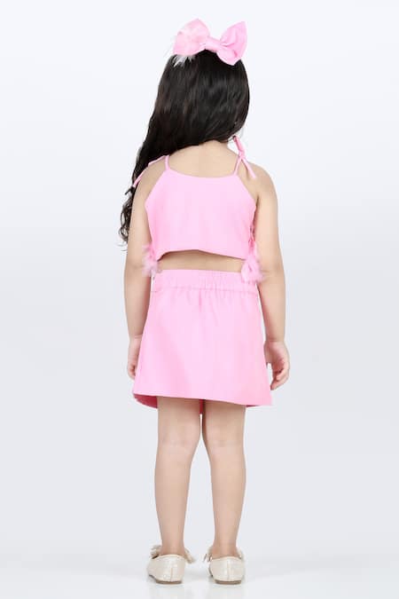 Shop_The Little Celebs_Pink Lycra Feathers Embellished Top And Skirt Set _at_Aza_Fashions