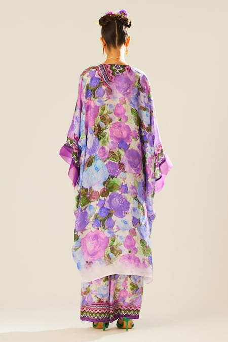 Shop_Rajdeep Ranawat_Purple Silk Floral V Neck Olivia Pattern Kaftan  _at_Aza_Fashions