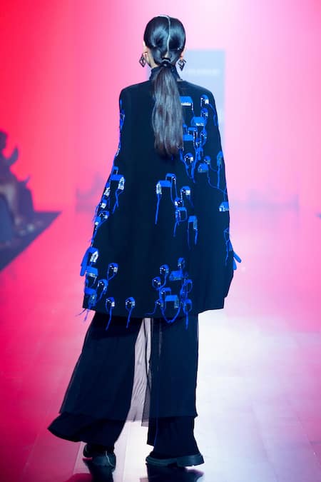 Shop_Shahin Mannan_Black Crepe Tiny House Embroidered Cape And Pant Set _at_Aza_Fashions