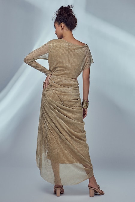 Shimmer trail gown with ruffle sleeve by Turquoise by Rachit Khanna