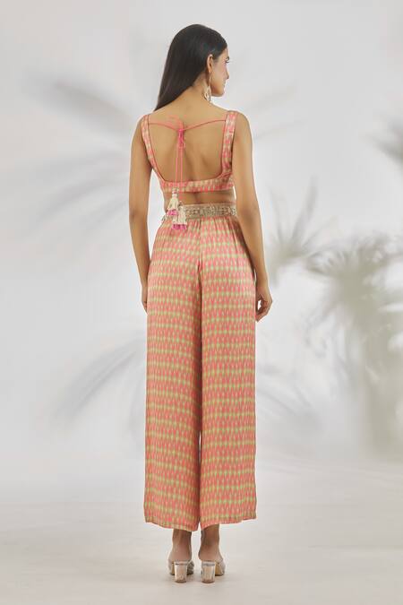 Shop_Gopi Vaid_Pink Satin Print Abstract Sweetheart Neck Naira Top With Pant _at_Aza_Fashions