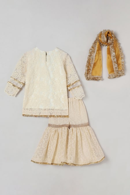 Shop_Byb Premium_Ivory Organza, Cotton Sequins, Lace Embroidered Placket Kurta Sharara Set _at_Aza_Fashions