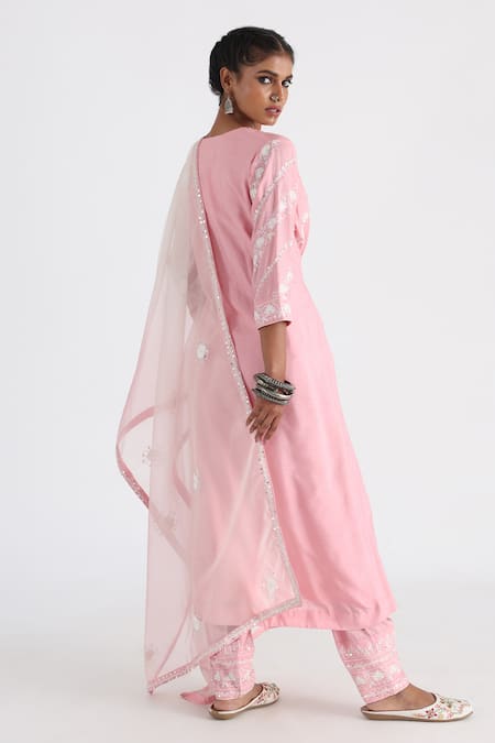 Shop_Smriti By Anju Agarwal_Pink Bamboo, Organza, Silk Tassels, Embroidery Split V-neck Nayab Kurta Set _at_Aza_Fashions