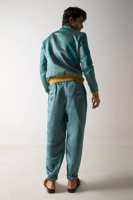 Shop_Jatin Malik_Grey Linen Silk Embroidered Marble Dye Bomber Jacket _at_Aza_Fashions