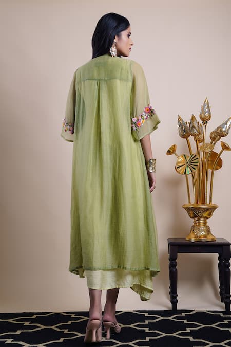 Shop Bhusattva Green Dress Organic Silk Embroidery Floral Asymmetric With Shrug at Aza Fashions Shop_Bhusattva_Green Dress Organic Silk Embroidery Floral Asymmetric With Shrug _at_Aza_Fashions