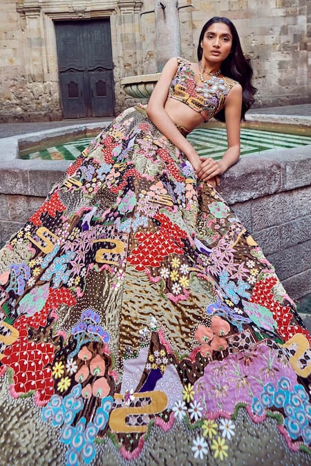 Shop_Aisha Rao_Gold Tissue Sequins, Embroidery, Applique Cowl Neck Trencadis Lehenga Set _at_Aza_Fashions
