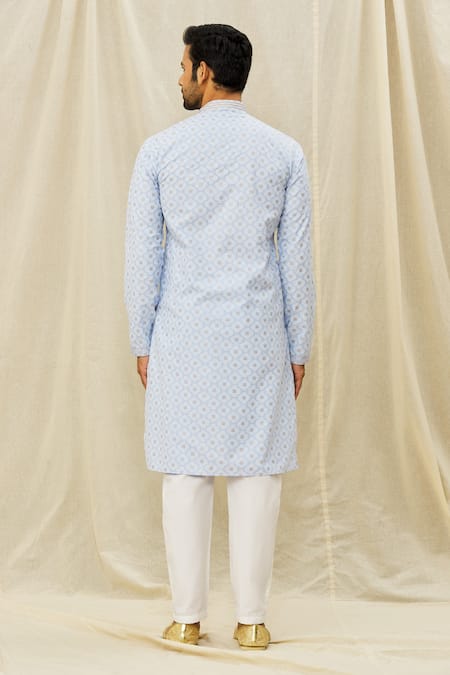 Shop Arihant Rai Sinha Blue Silk Art Geometric Print Kurta at Aza Fashions Shop_Arihant Rai Sinha_Blue Silk Art Geometric Print Kurta _at_Aza_Fashions