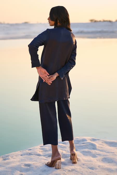 Shop Dash And Dot Blue Tencel Embroidery Round Neck Geometric Tunic With Pant at Aza Fashions Shop_Dash And Dot_Blue Tencel Embroidery Round Neck Geometric Tunic With Pant _at_Aza_Fashions