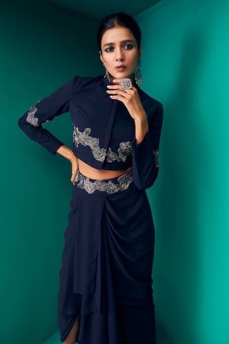 Rishi And Soujit Placement Embroidered Crop Jacket & Draped Skirt Set 
