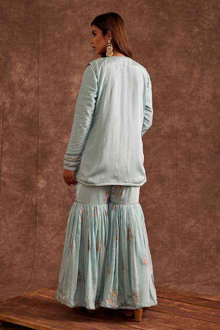 Shop The Home Affair Blue Chiffon Gota Patti, Lace, Embroidery Open Block Print Jacket Gharara Set at Aza Fashions Shop_The Home Affair_Blue Chiffon Gota Patti, Lace, Embroidery Open Block Print Jacket Gharara Set _at_Aza_Fashions