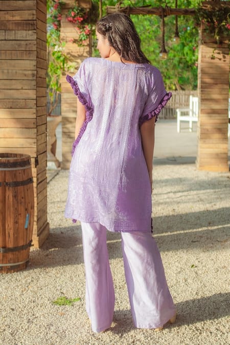 Shop_MONK & MEI BY SONIA ANAND_Purple Georgette Tassels V-neck V Kaftan And Pant Set _at_Aza_Fashions