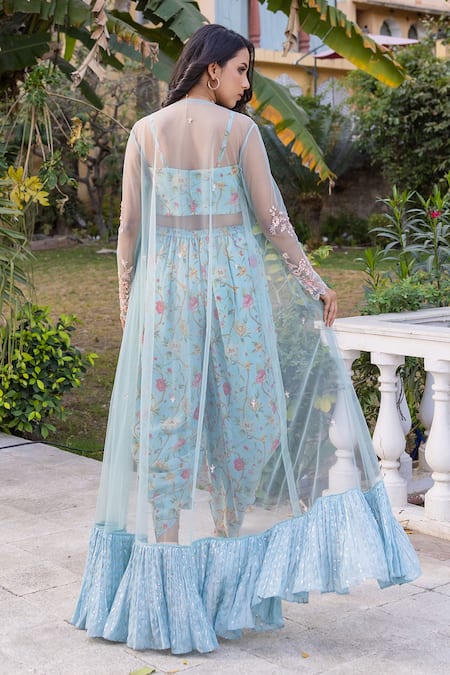 Shop Suruchi Parakh Blue Georgette, Net Embroidery, Cut Work Round Neck, Jacket And Dhoti Pant Set at Aza Fashions Shop_Suruchi Parakh_Blue Georgette, Net Embroidery, Cut Work Round Neck, Jacket And Dhoti Pant Set _at_Aza_Fashions