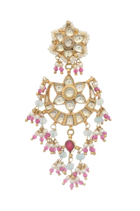 Shop MAISARA JEWELRY Pink Embroidery, Pearls Drop Earrings at Aza Fashions Shop_MAISARA JEWELRY_Pink Embroidery, Pearls Drop Earrings _at_Aza_Fashions