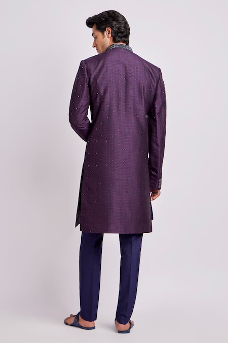 Shop_Bubber Couture_Wine Silk Embroidery Nikolai Diametric Print Sherwani Jacket _at_Aza_Fashions