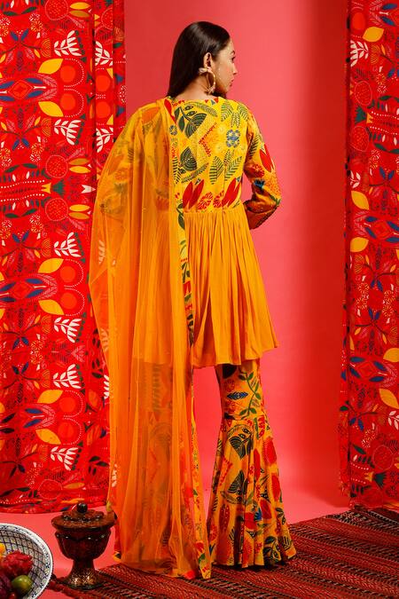 Shop Label Shristi Chetani Yellow Floral Print Kurta Sharara Set at Aza Fashions Shop_Label Shristi Chetani_Yellow Floral Print Kurta Sharara Set_at_Aza_Fashions