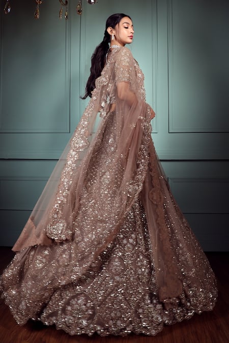Shop_Pallavi Poddar_Brown Tulle Sequins, Beads, Purab Paschim Embellished Bridal Lehenga Set _at_Aza_Fashions