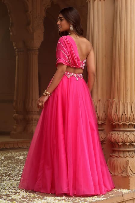 Shop Dheeru Taneja Pink Crepe, Organza Sequins, Beads One Alora Draped Blouse And Lehenga Set at Aza Fashions Shop_Dheeru Taneja_Pink Crepe, Organza Sequins, Beads One Alora Draped Blouse And Lehenga Set _at_Aza_Fashions