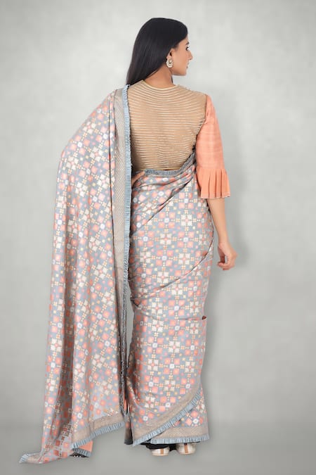 Shop_I Am Design_Peach Raw Silk Floral And Kantha Embroidery Round Placement Crop Top _at_Aza_Fashions