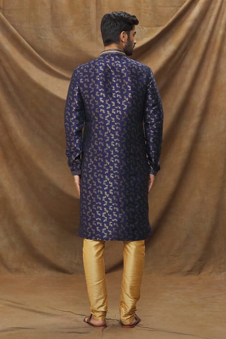 Arihant Rai Sinha Blue Jacquard, , Chanderi Metallic Floral Pattern Kurta And Churidar Set Online at Aza Fashions Arihant Rai Sinha_Blue Jacquard, , Chanderi Metallic Floral Pattern Kurta And Churidar Set _Online_at_Aza_Fashions
