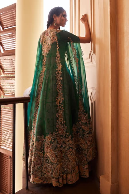 Shop Mrunalini Rao Green Silk, Organza Embroidery, Zari Rama Meena Printed Lehenga And Cape Set at Aza Fashions Shop_Mrunalini Rao_Green Silk, Organza Embroidery, Zari Rama Meena Printed Lehenga And Cape Set _at_Aza_Fashions
