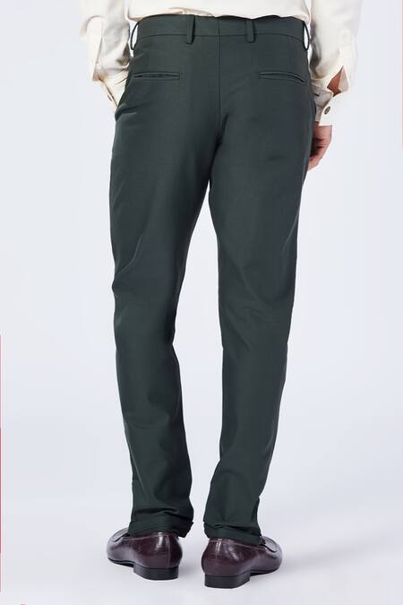 Shop_S&N By Shantnu Nikhil_Green Cotton, Lycra, Polyester Embroidery Placement Adamas Trouser _at_Aza_Fashions