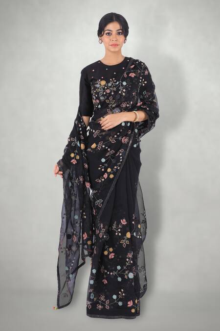 I Am Design_Black Silk Organza Aari Crew Neck Floral Embroidered Saree _Online_at_Aza_Fashions