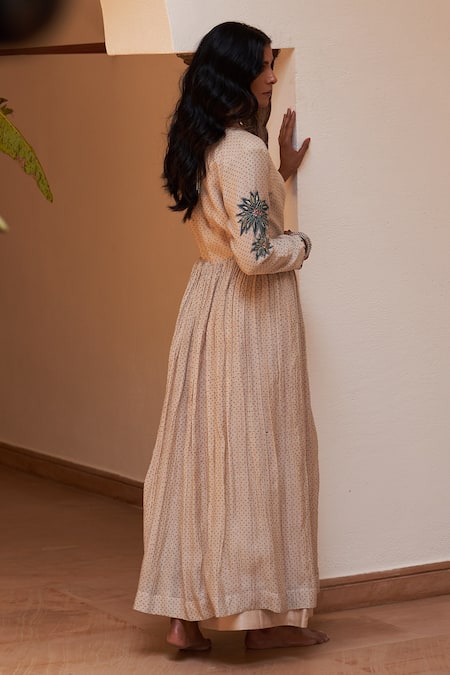 Shop Rekha Agra Beige Handloom Cotton, Organza Sequins, Printed Chanderi Anarkali Palazzo Set at Aza Fashions Shop_Rekha Agra_Beige Handloom Cotton, Organza Sequins, Printed Chanderi Anarkali Palazzo Set _at_Aza_Fashions