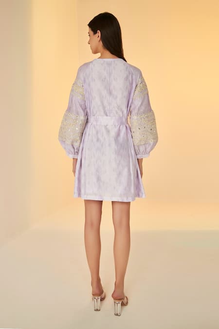 Shop_Betrue_Purple Cotton, Silk Embroidery Keyhole Shibori Pattern Dress _at_Aza_Fashions