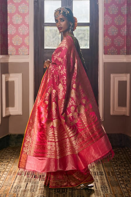 Shop Kasturi Kundal Fuchsia Pure Silk Floral Motifs Jaal Manjari Saree at Aza Fashions Shop_Kasturi Kundal_Fuchsia Pure Silk Floral Motifs Jaal Manjari Saree _at_Aza_Fashions