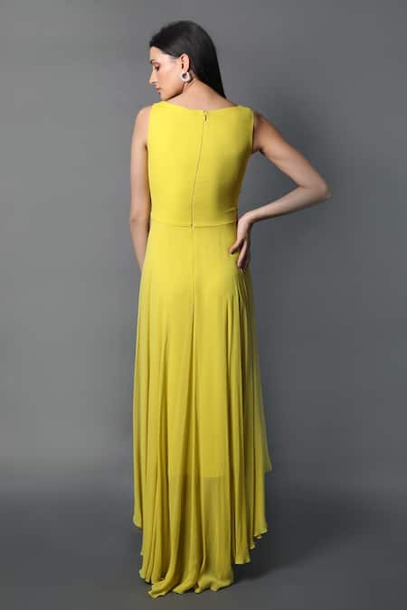 Shop Swatee Singh Yellow Georgette V-neck Criss Cross Ruched Asymetric Dress at Aza Fashions Shop_Swatee Singh_Yellow Georgette V-neck Criss Cross Ruched Asymetric Dress _at_Aza_Fashions