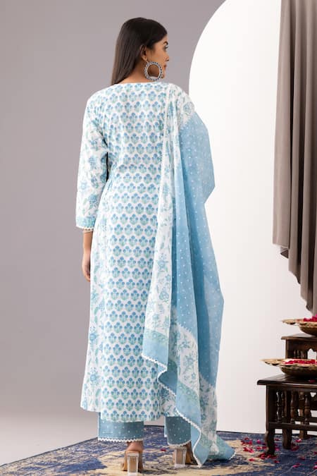 Shop_Abbaran_Blue , Satin Lace Split V-neck Hand Block Print Kurta Set _at_Aza_Fashions