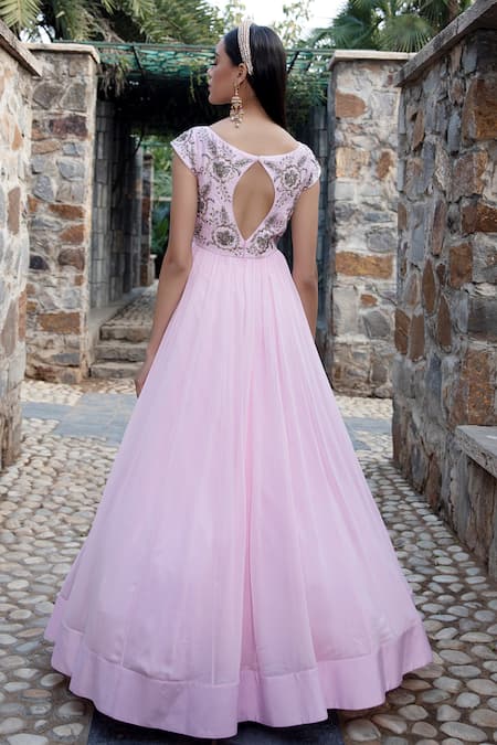 Shop Keerthi Kadire Pink Georgette V Neck Embroidered Gown at Aza Fashions Shop_Keerthi Kadire_Pink Georgette V Neck Embroidered Gown _at_Aza_Fashions