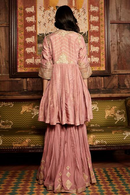 Shop Matsya Pink Tissue, Georgette Gota Patti, Embroidery, Matsya Peplum Kurta Sharara Set at Aza Fashions Shop_Matsya_Pink Tissue, Georgette Gota Patti, Embroidery, Matsya Peplum Kurta Sharara Set_at_Aza_Fashions