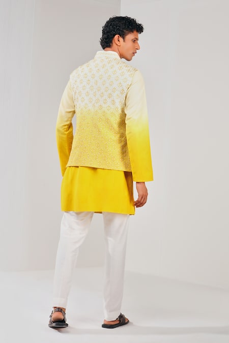 Shop Shreyansh Designs Yellow Dupion Silk Embroidered Floral Mandarin Collar Bundi at Aza Fashions Shop_Shreyansh Designs_Yellow Dupion Silk Embroidered Floral Mandarin Collar Bundi _at_Aza_Fashions