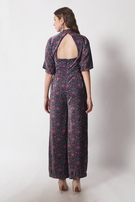 Shop_Soniya G_Brown Velvet V-neck Garden Print Jumpsuit _at_Aza_Fashions