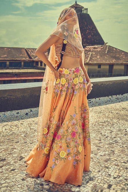 Shop_Surily G_Peach Embroidered Thread Floral Dupatta  _at_Aza_Fashions