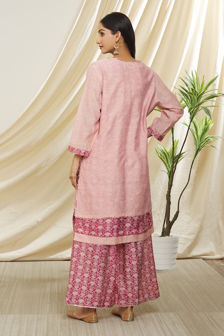 Shop Peenacolada Pink Chanderi Embroidery Round Neck Kurta Pant Set at Aza Fashions Shop_Peenacolada_Pink Chanderi Embroidery Round Neck Kurta Pant Set _at_Aza_Fashions