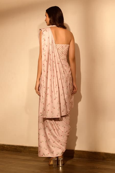 Shop Pasha India Pink Linen Embroidery Halter Neck Floral Print Pant Saree With Blouse at Aza Fashions Shop_Pasha India_Pink Linen Embroidery Halter Neck Floral Print Pant Saree With Blouse _at_Aza_Fashions