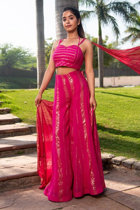 Shop_Soniya G_Fuchsia Handmade Cotton Striped Pattern Sweetheart Lurex Blouse And Palazzo Set _at_Aza_Fashions