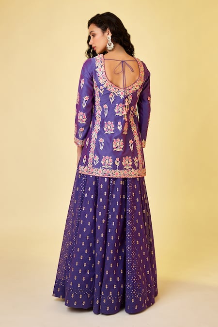 Shop Shyam Narayan Prasad Purple Chanderi Silk Embroidery, Gota Patti V-neck Kurta Skirt Set at Aza Fashions Shop_Shyam Narayan Prasad_Purple Chanderi Silk Embroidery, Gota Patti V-neck Kurta Skirt Set _at_Aza_Fashions
