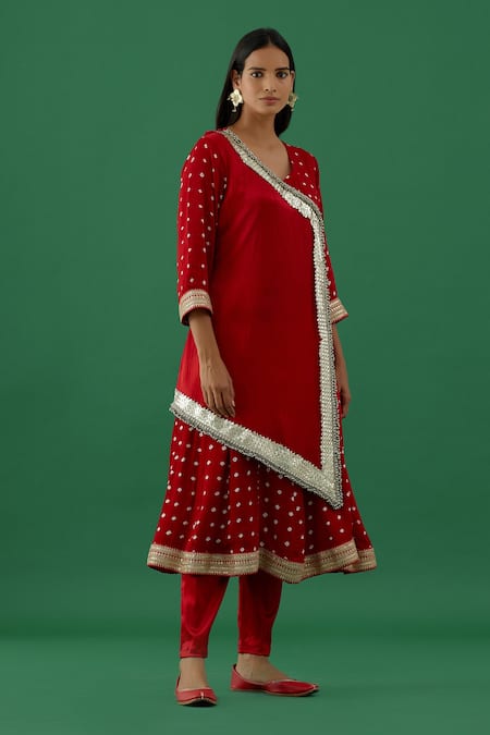 Shop 5elements Red Modal Satin Woven Bandhani V Neck Work Wrap Anarkali With Pant at Aza Fashions Shop_5elements_Red Modal Satin Woven Bandhani V Neck Work Wrap Anarkali With Pant _at_Aza_Fashions