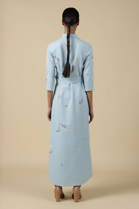 Shop Shahin Mannan Blue Crepe Embroidery Collared Eucalyptus Shirt Dress With Buckle Belt at Aza Fashions Shop_Shahin Mannan_Blue Crepe Embroidery Collared Eucalyptus Shirt Dress With Buckle Belt _at_Aza_Fashions