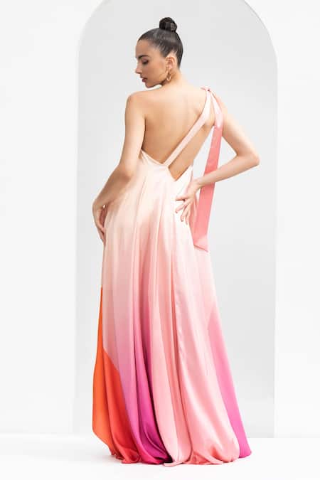 Mandira Wirk Resort_Pink Satin One Shoulder Ombre Print Kaftan _Online_at_Aza_Fashions