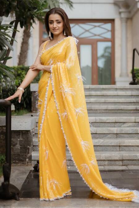 Shop Neeta Lulla Yellow Georgette Embroidered Pearl Scoop Neck Melusina Sequin Saree With Blouse at Aza Fashions Shop_Neeta Lulla_Yellow Georgette Embroidered Pearl Scoop Neck Melusina Sequin Saree With Blouse_at_Aza_Fashions