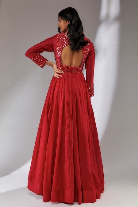 Neha Khullar_Red Chanderi Silk, Organza, Cotton Embroidered Yoke Anarkali With Dupatta _Online_at_Aza_Fashions