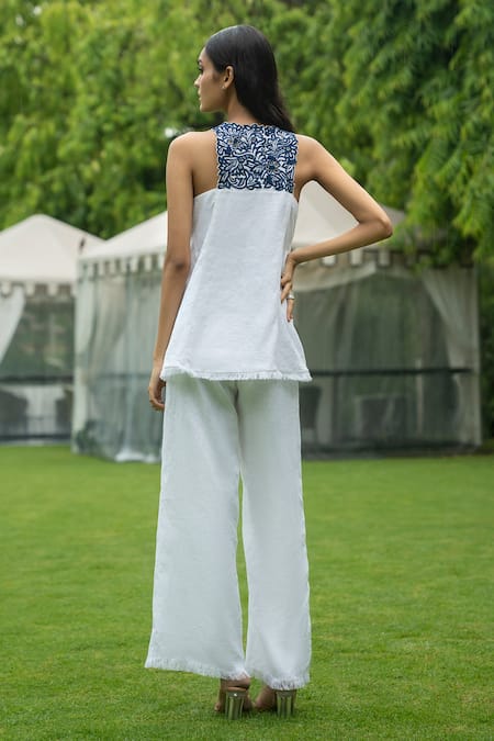Label Ruhbab Floral Embroidered Pure Linen Top & Pant Set 