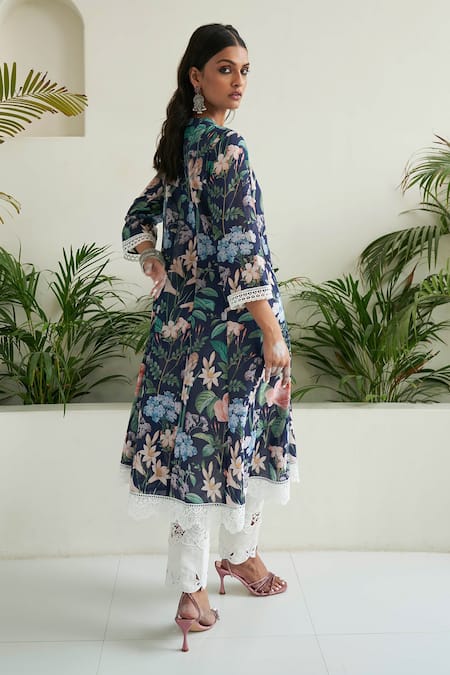 Shop Sage Saga Blue Chanderi, Lace Lace, Embroidery Floral Print Anarkali Set With Palazzo at Aza Fashions Shop_Sage Saga_Blue Chanderi, Lace Lace, Embroidery Floral Print Anarkali Set With Palazzo _at_Aza_Fashions