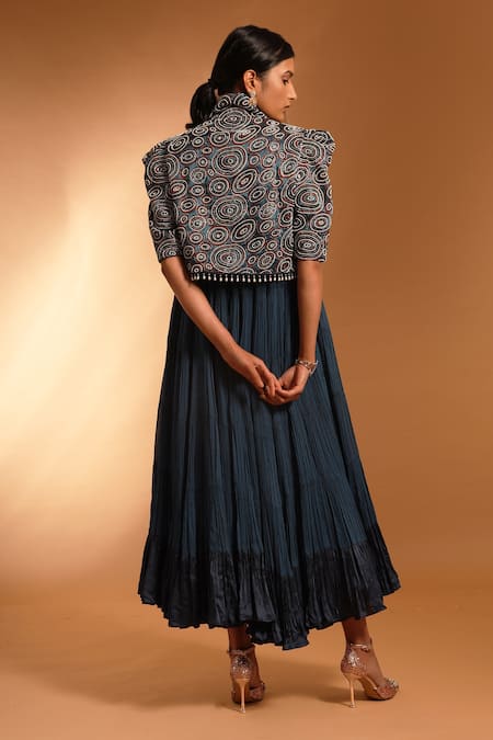 Shop_Sejal Kamdar_Blue Pure Satin Crepe Embellished Ajrak Yoke Anarkali With Jacket  _at_Aza_Fashions